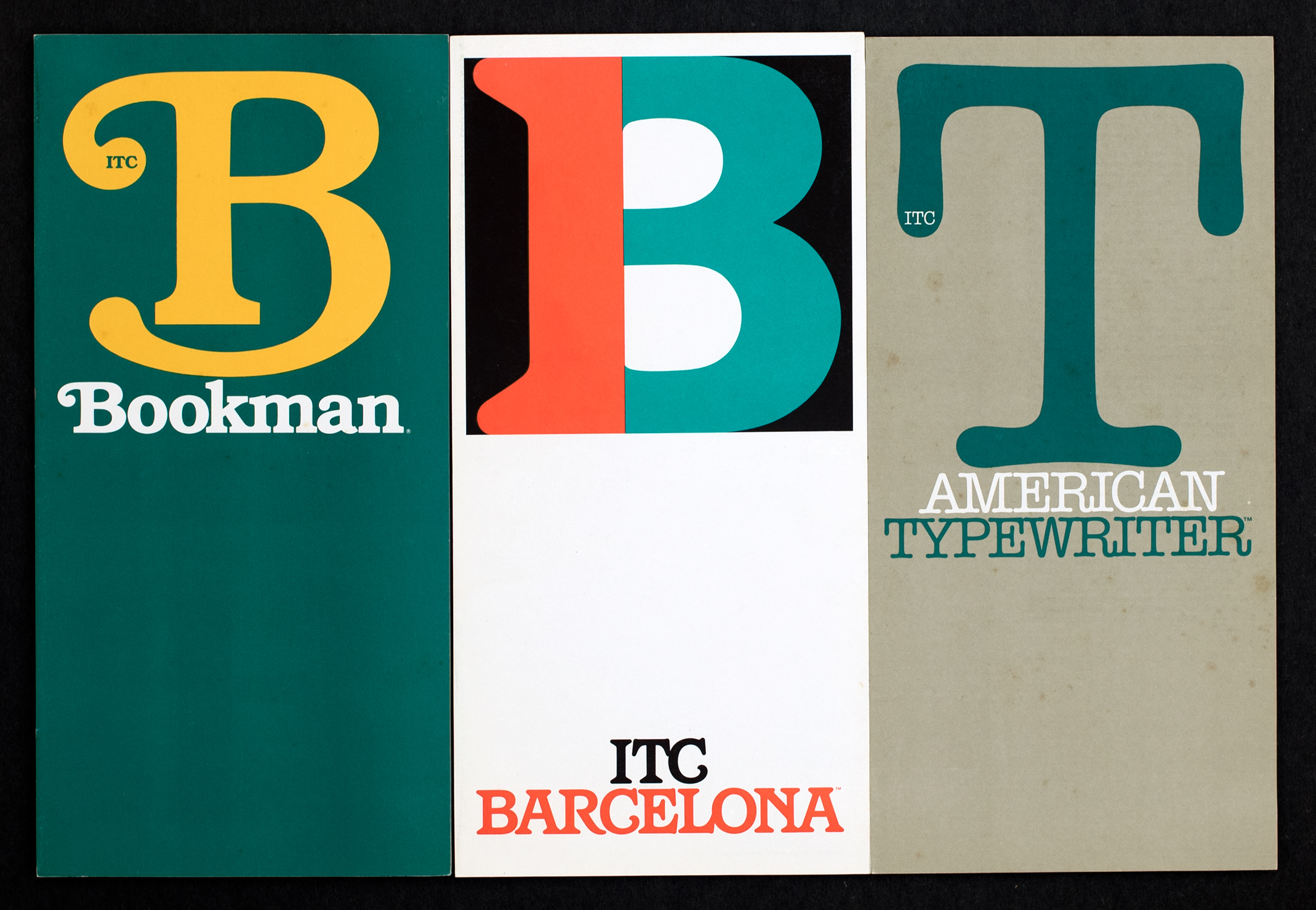 covers of specimen books for Bookman, Barcelona, and American Typewriter typefaces